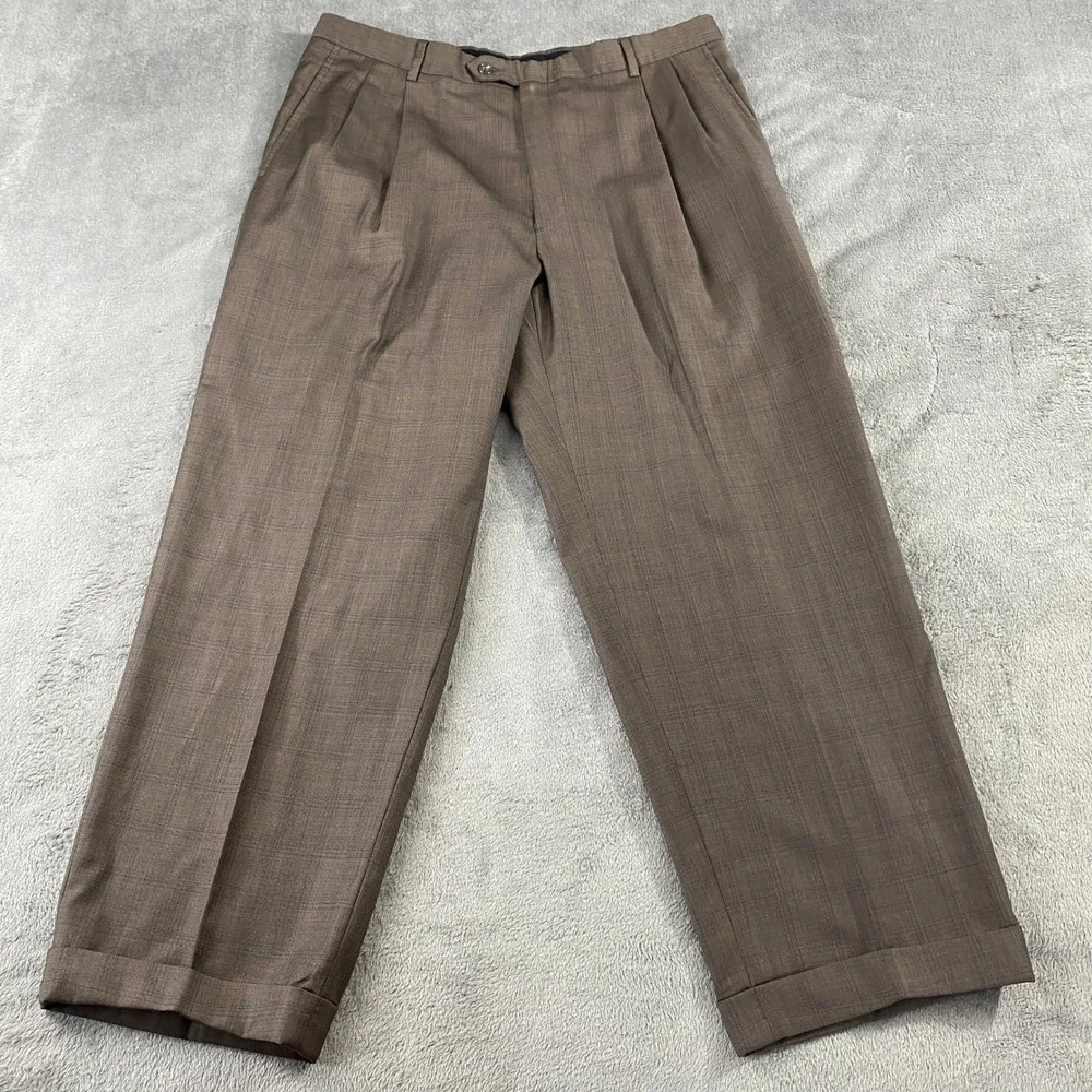 Hart Schaffner Marx Suit Mens 43R Brown Glen Plaid 2-Button Pleated Cuffed USA